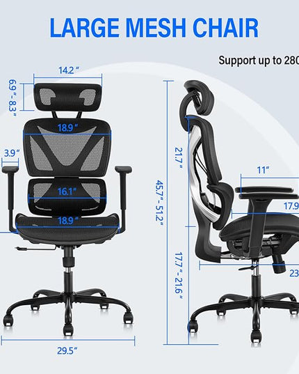 GABRYLLY Ergonomic Office chair with Lumbar Support, Big and Tall Mesh Chairs with Adjustable 3D Arms, Headrest & Soft Seat, Large Desk Chair for Home Gaming,Black - LeafyLoom