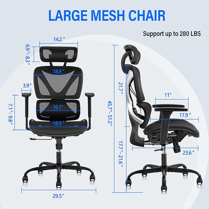 GABRYLLY Ergonomic Office chair with Lumbar Support, Big and Tall Mesh Chairs with Adjustable 3D Arms, Headrest & Soft Seat, Large Desk Chair for Home Gaming,Black - LeafyLoom