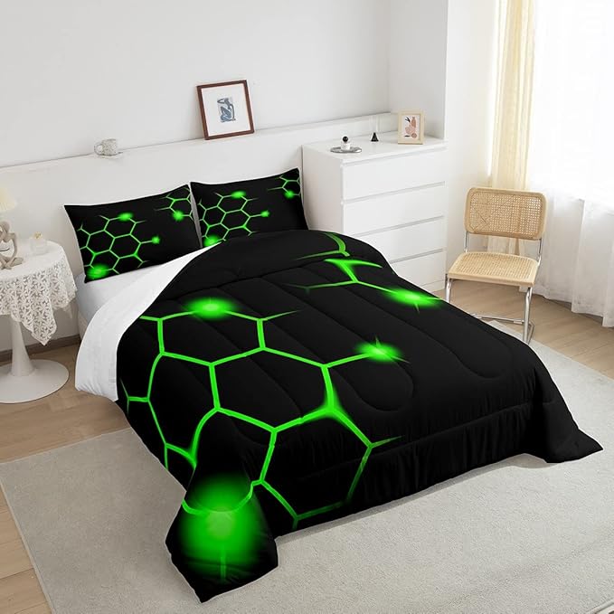 Hexagonal Comforter Set Geometric Honeycomb Bedding Set for Kids Adults Neon Green Black Comforter Modern Hexagon Beehive Quilt Set Ultra Soft Room Decor Full Size Bedroom Collection 3Pcs - LeafyLoom