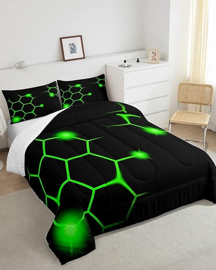 Hexagonal Comforter Set Geometric Honeycomb Bedding Set for Kids Adults Neon Green Black Comforter Modern Hexagon Beehive Quilt Set Ultra Soft Room Decor King Size Bedroom Collection 3Pcs - LeafyLoom