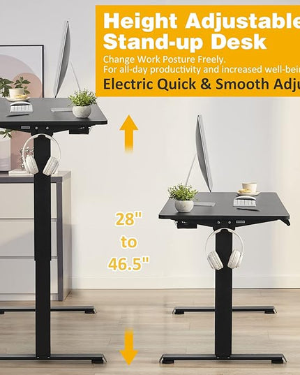 Electric Height Adjustable Desk, 48x24 Sit Stand Desk with Splice Board, Gaming Desk with Memory Presets, Black Steel Frame & Black Board - LeafyLoom