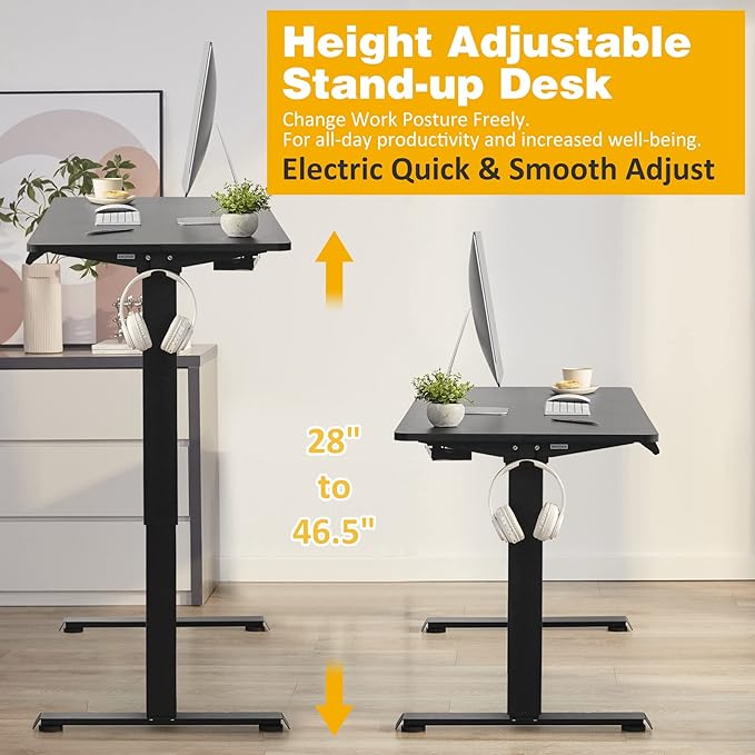 Electric Height Adjustable Desk, 48x24 Sit Stand Desk with Splice Board, Gaming Desk with Memory Presets, Black Steel Frame & Black Board - LeafyLoom