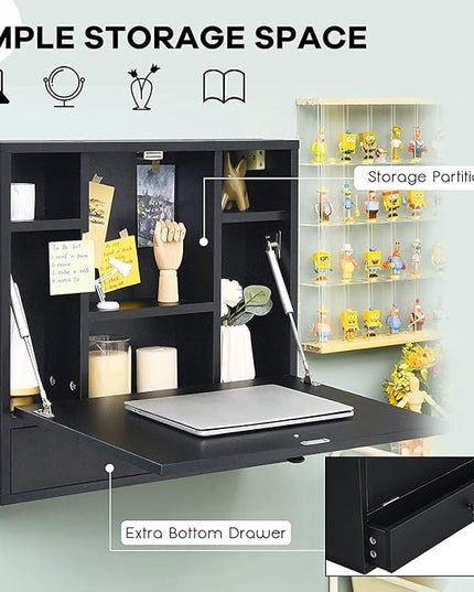 2 in 1 Foldable Tabletop, Folding Wall Mount Laptop Storage Compartments Space Saving Floating Desk, Black - LeafyLoom