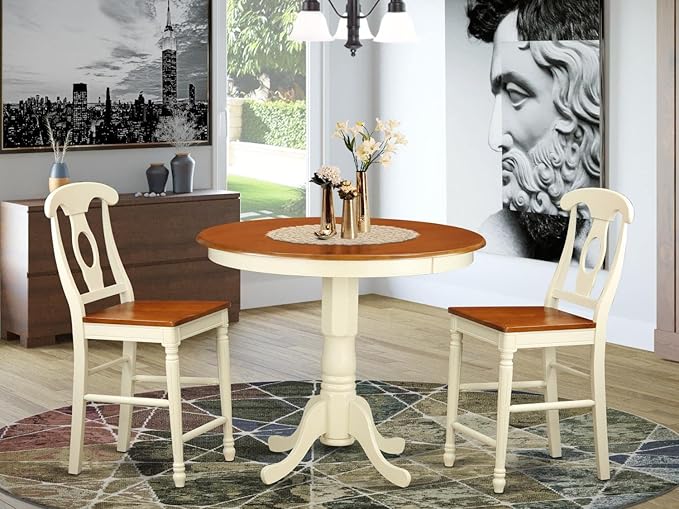 East West Furniture JAKE3-WHI-W 3 Piece Counter Height Dining Set for Small Spaces Contains a Round Wooden Table with Pedestal and 2 Kitchen Chairs, 36x36 Inch, Buttermilk & Cherry - LeafyLoom