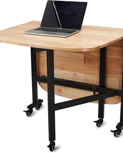 Multifunction Table Drop Leaf Dining Table - 47" Solid Wooden Foldable Kitchen Table with 6 Wheels (Natural) - LeafyLoom