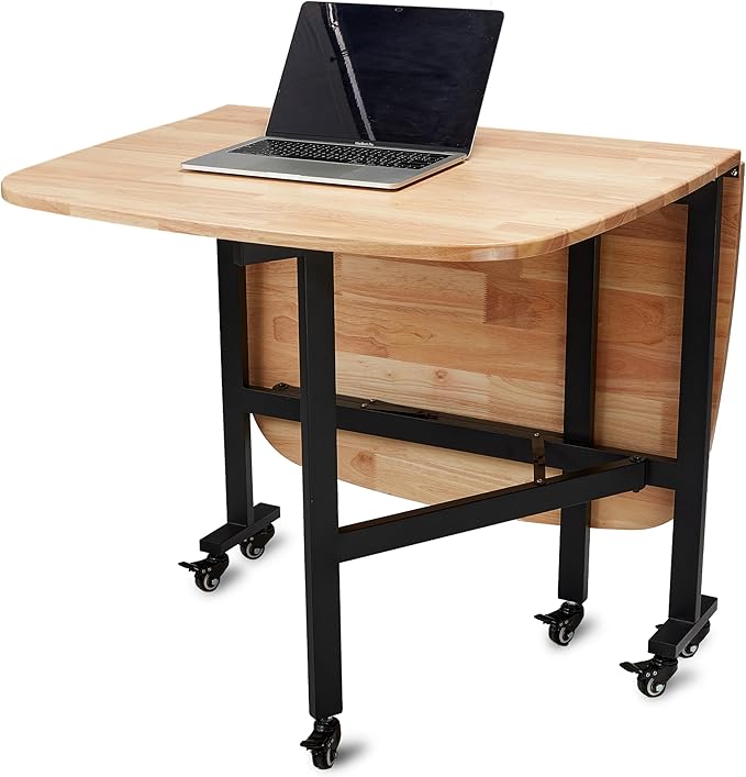 Multifunction Table Drop Leaf Dining Table - 47" Solid Wooden Foldable Kitchen Table with 6 Wheels (Natural) - LeafyLoom
