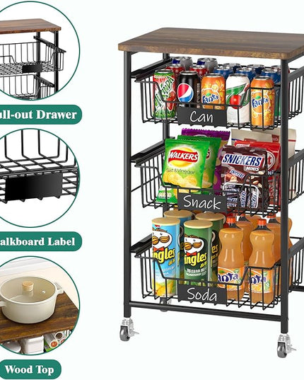 Kitchen Storage Cart with Wheels, 4-Tier Metal Utility Rolling Cart Fruit Vegetable Storage Basket Pantry Rack with Wood Top & Pull Out Baskets for Kitchen, Livingroom, Diningroom, Office - LeafyLoom