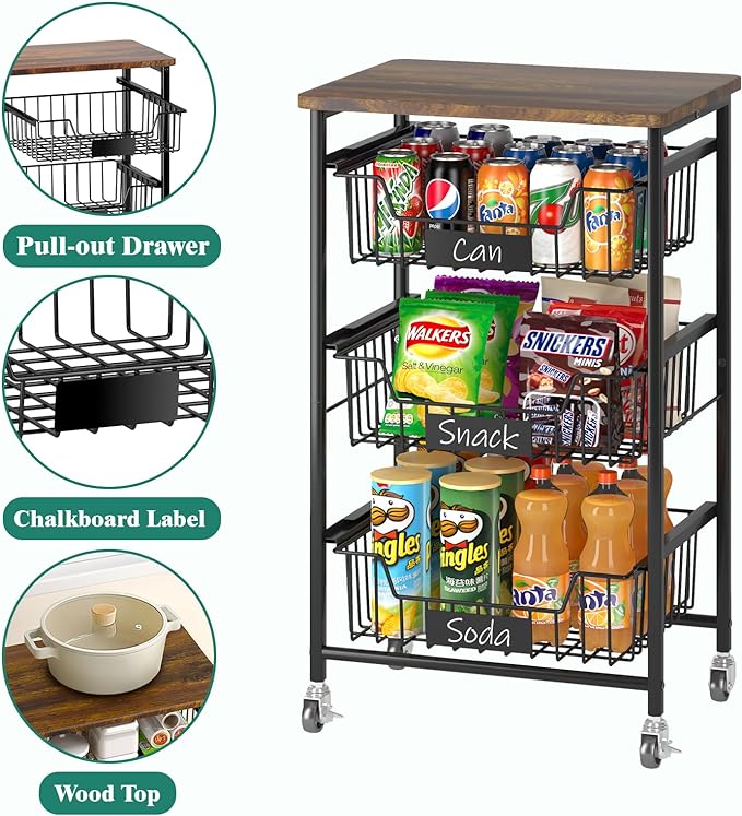 Kitchen Storage Cart with Wheels, 4-Tier Metal Utility Rolling Cart Fruit Vegetable Storage Basket Pantry Rack with Wood Top & Pull Out Baskets for Kitchen, Livingroom, Diningroom, Office - LeafyLoom