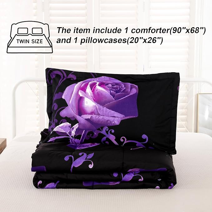 WONGS BEDDING Purple Comforter Set Twin Reversible Purple Rose Pattern Printed Bedding Down Comforter with 1 Pillowcases for All Seasons, Soft Microfiber Filling Bedding Set 90"x68" - LeafyLoom