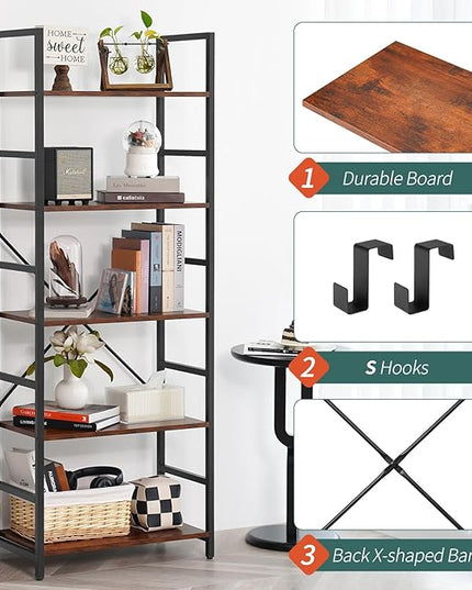 Yoobure 5 Tier Bookshelf - Tall Book Shelf Modern Bookcase for CDs/Movies/Books, Rustic Book Case Industrial Bookshelves Book Storage Organizer for Bedroom Home Office Living Room Brown - LeafyLoom