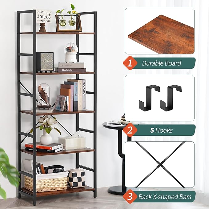 Yoobure 5 Tier Bookshelf - Tall Book Shelf Modern Bookcase for CDs/Movies/Books, Rustic Book Case Industrial Bookshelves Book Storage Organizer for Bedroom Home Office Living Room Brown - LeafyLoom