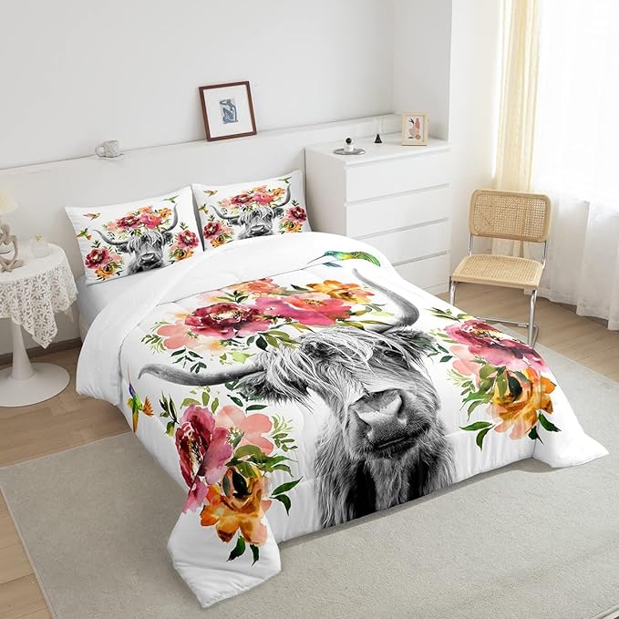 Erosebridal Highland Cow Floral Comforter Set Twin Size Bull Cattle Flower Bedding Set Wildlife Farmhouse Cow Quilt Hummingbird Duvet Insert Soft All Season White Down Comforter with 1 Pillowcase - LeafyLoom
