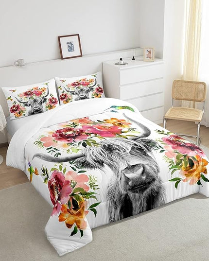 Erosebridal Highland Cow Floral Comforter Set King Size Bull Cattle Flower Bedding Set Wildlife Farmhouse Cow Quilt Hummingbird Duvet Insert Soft All Season White Down Comforter with 2 Pillowcases - LeafyLoom