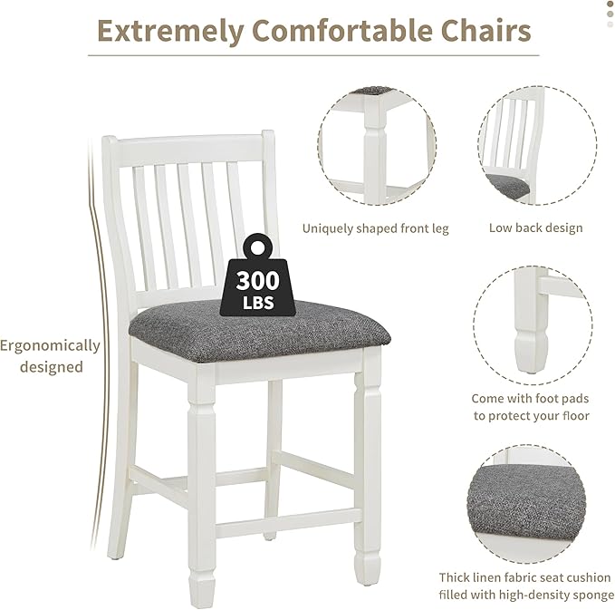 5-Piece Counter Height Round Set in 2 Table Sizes with 4 Folding Leaves and Upholstered Chairs for Dining Room (Espresso+White+Gray Cushion), 38"~54" L x 38"~54" W x 36.2" H - LeafyLoom