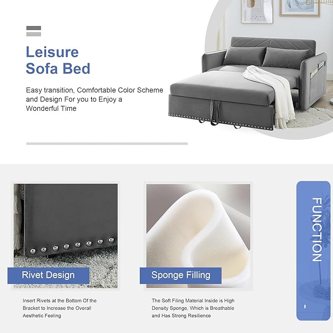 New model 3-in-1 Sleeper USB Port Adjustable Velvet Convertible Sofa with Pull Out Bed, 2 Pillows & Side Pocket – Ideal for Living Room and Bedroom, Grey - LeafyLoom