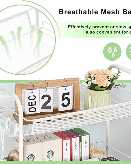 TOOLF 3-Tier Metal Rolling Cart, Mesh Wire Easy Assemble Utility Cart, Storage Trolley on Wheels with 3 Hooks, MetalStorage Shelving Units for Kitchen Bathroom Laundry Room - LeafyLoom