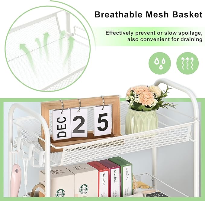 TOOLF 3-Tier Metal Rolling Cart, Mesh Wire Easy Assemble Utility Cart, Storage Trolley on Wheels with 3 Hooks, MetalStorage Shelving Units for Kitchen Bathroom Laundry Room - LeafyLoom