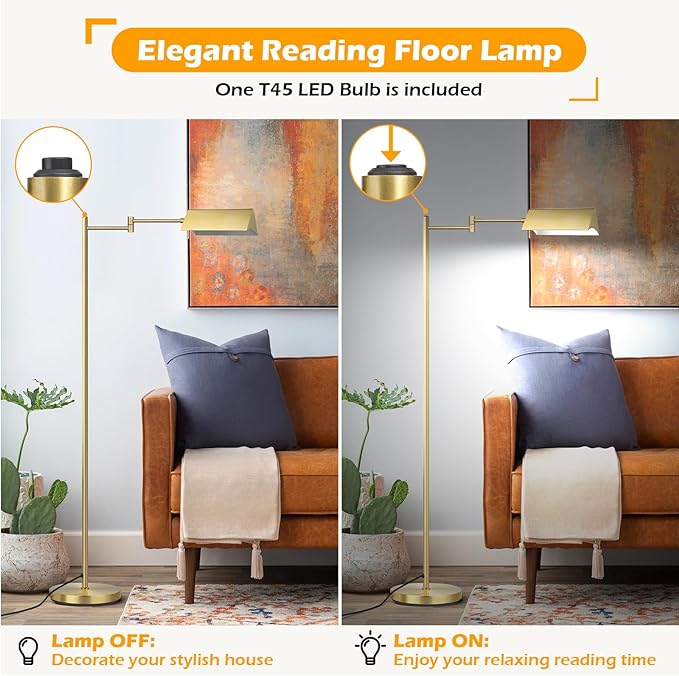 Mlambert Reading Floor Lamp,LED Pharmacy Lamp with Swing Arm,Swivel Head Adjustable Standing Lamp,E26 Base,Corner Lamp for Livingroom,Sewing(Brass) - LeafyLoom