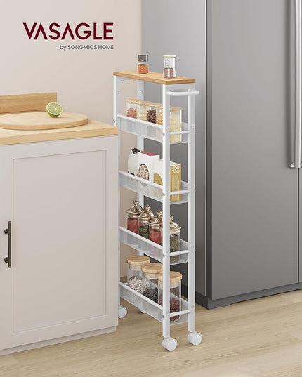 VASAGLE Slim Rolling Cart, 5-Tier Storage Cart, Narrow Cart with Handle, 5.1 Inches Deep, Metal Frame, for Kitchen, Dining Room, Living Room, Home Office, Oak Beige and White ULRC034W09 - LeafyLoom