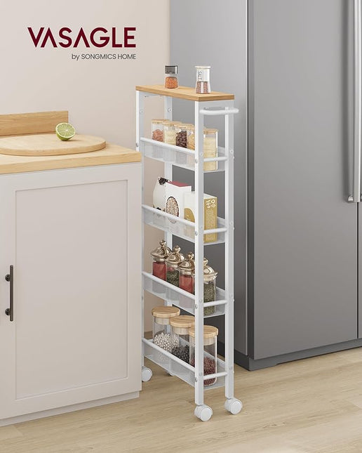 VASAGLE Slim Rolling Cart, 5-Tier Storage Cart, Narrow Cart with Handle, 5.1 Inches Deep, Metal Frame, for Kitchen, Dining Room, Living Room, Home Office, Oak Beige and White ULRC034W09 - LeafyLoom