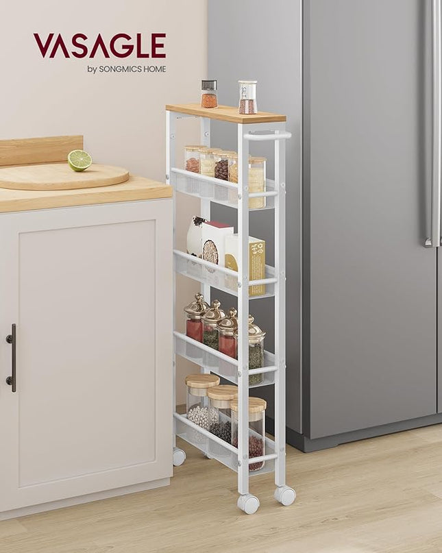 VASAGLE Slim Rolling Cart, 5-Tier Storage Cart, Narrow Cart with Handle, 5.1 Inches Deep, Metal Frame, for Kitchen, Dining Room, Living Room, Home Office, Oak Beige and White ULRC034W09 - LeafyLoom