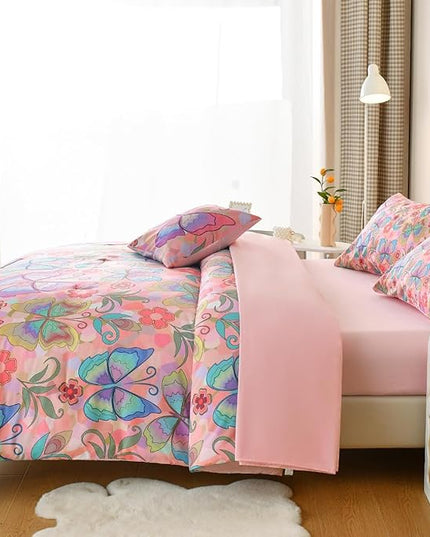 Butterfly Bedding Set Twin, Pink Butterfly Comforter Set for Girls Kids Teens 6 pcs Bed in a Bag Twin Bedding Sets for Girls - LeafyLoom