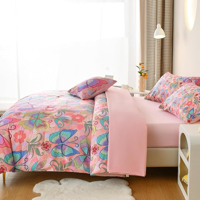 Butterfly Bedding Set Twin, Pink Butterfly Comforter Set for Girls Kids Teens 6 pcs Bed in a Bag Twin Bedding Sets for Girls - LeafyLoom