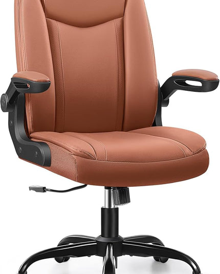 Office Chair Ergonomic Computer Desk Chair, Executive Leather Office Chair with Adjustable Flip-up Armrests Height, Swivel Task Chair with Lumbar Support Rocking Function for Home Office(Brown) - LeafyLoom