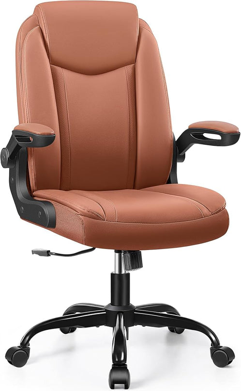 Office Chair Ergonomic Computer Desk Chair, Executive Leather Office Chair with Adjustable Flip-up Armrests Height, Swivel Task Chair with Lumbar Support Rocking Function for Home Office(Brown) - LeafyLoom