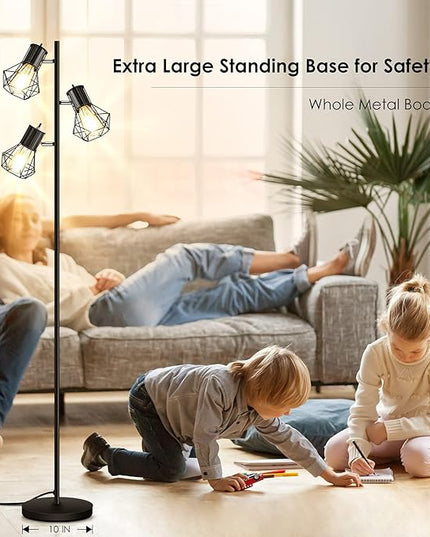 Industrial Floor Lamp, Standing Lamp, Farmhouse Tree Floor Lamp with 3pcs 6W Edison Bulbs, Free Adjustable Cage Heads, Independent Control, Floor Lamp for Living Room, Bedroom, Office, Rustic Home - LeafyLoom
