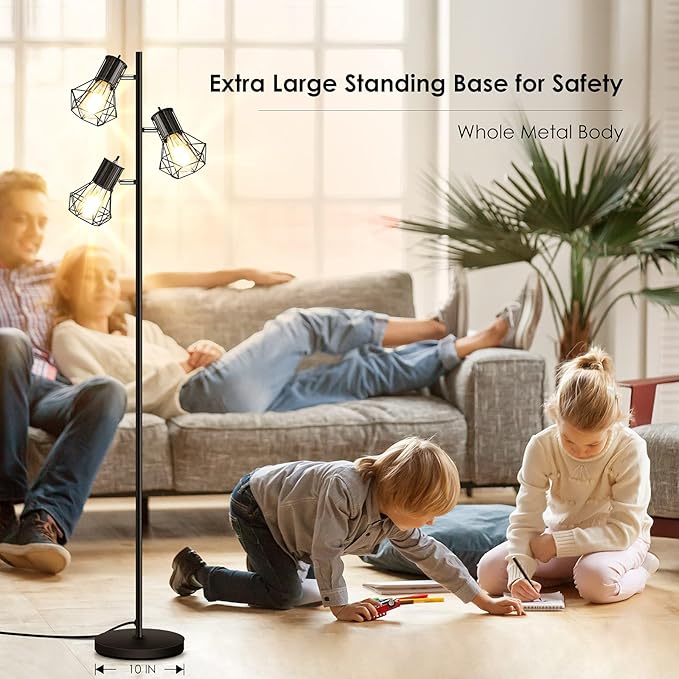 Industrial Floor Lamp, Standing Lamp, Farmhouse Tree Floor Lamp with 3pcs 6W Edison Bulbs, Free Adjustable Cage Heads, Independent Control, Floor Lamp for Living Room, Bedroom, Office, Rustic Home - LeafyLoom
