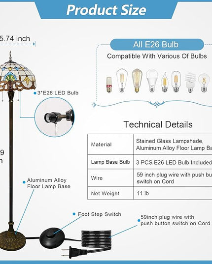 Tiffany Floor Lamp 3 Lights Baroque Stained Glass Standing Reading Light Antique Pole Corner Lamp for Living Room Bedroom Home Office,15.74 inch - LeafyLoom