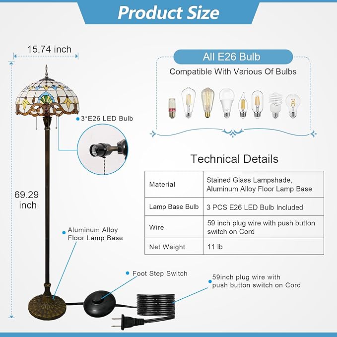 Tiffany Floor Lamp 3 Lights Baroque Stained Glass Standing Reading Light Antique Pole Corner Lamp for Living Room Bedroom Home Office,15.74 inch - LeafyLoom