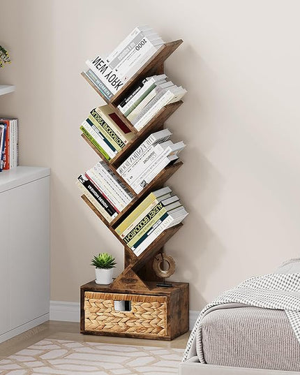 Vagusicc 6 Tier Tree Bookshelf, Modern Floor Standing Bookcase with Storage Drawer, Tall Wood Book Storage Rack for CDs/Books, Utility Book Organizer Shelves for Bedroom/Living Room/Home Office/Corner - LeafyLoom