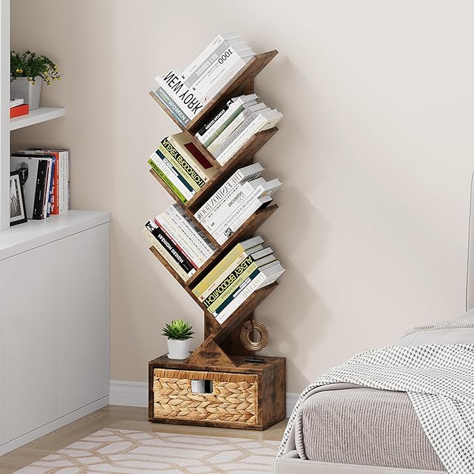 Vagusicc 6 Tier Tree Bookshelf, Modern Floor Standing Bookcase with Storage Drawer, Tall Wood Book Storage Rack for CDs/Books, Utility Book Organizer Shelves for Bedroom/Living Room/Home Office/Corner - LeafyLoom