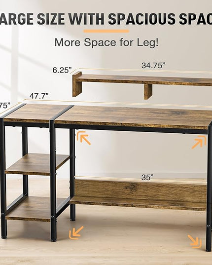 Gimars Upgrade 47” Computer Home Office Desk with Monitor Stand, Rustic Writing Desk with Adjustable Shelves & Large Bookshelf, Easy Assembly Gaming Desk, Spacious, Modren Design for Home Office - LeafyLoom