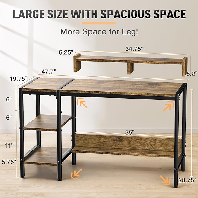Gimars Upgrade 47” Computer Home Office Desk with Monitor Stand, Rustic Writing Desk with Adjustable Shelves & Large Bookshelf, Easy Assembly Gaming Desk, Spacious, Modren Design for Home Office - LeafyLoom