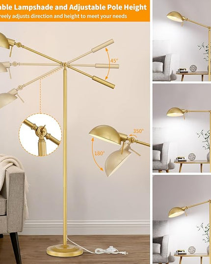Gold Floor Lamp with Remote Control and Stepless Dimmable Color Temperature and Brightness Reading Standing Lamp with Adjustable Swing Arm for Living Room Bedroom Office, 9W Bulb Included - LeafyLoom