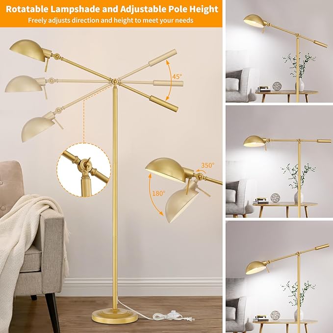 Gold Floor Lamp with Remote Control and Stepless Dimmable Color Temperature and Brightness Reading Standing Lamp with Adjustable Swing Arm for Living Room Bedroom Office, 9W Bulb Included - LeafyLoom