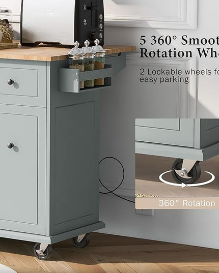 53.9" Drop Leaf, Rolling Island on Wheels w/Drawer and 3-Tier Pull Out Cabinet Organizer, Kitchen Storage Cart with Spice, Towel Rack, Grey Blue, 53.94 Inch - LeafyLoom