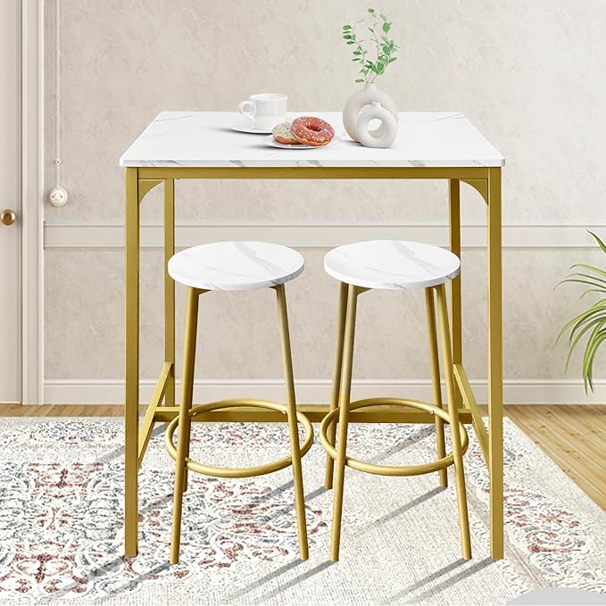 AT-VALY 3-Piece Bar Table Set with 2 Stools,Dining Room Table Set,Small Spaces (Gold) - LeafyLoom