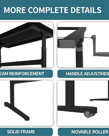 Manual Standing Desk Adjustable Height- Crank Mobile Standing Desk 55 x 24 Inches Sit Stand Desk Frame & Top, Stand Up Desk on Wheels, Computer Desk Black Frame & Black - LeafyLoom