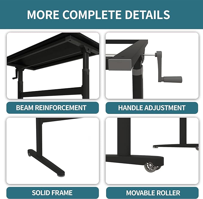 Manual Standing Desk Adjustable Height- Crank Mobile Standing Desk 55 x 24 Inches Sit Stand Desk Frame & Top, Stand Up Desk on Wheels, Computer Desk Black Frame & Black - LeafyLoom