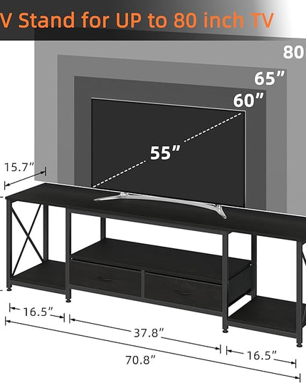 TV Stand with Fabric Drawers for 75 80 Inches TV - Entertainment Center and Industrial TV Console Table with Open Storage Shelves for Living Room, Bedroom- 71.5" Black - LeafyLoom
