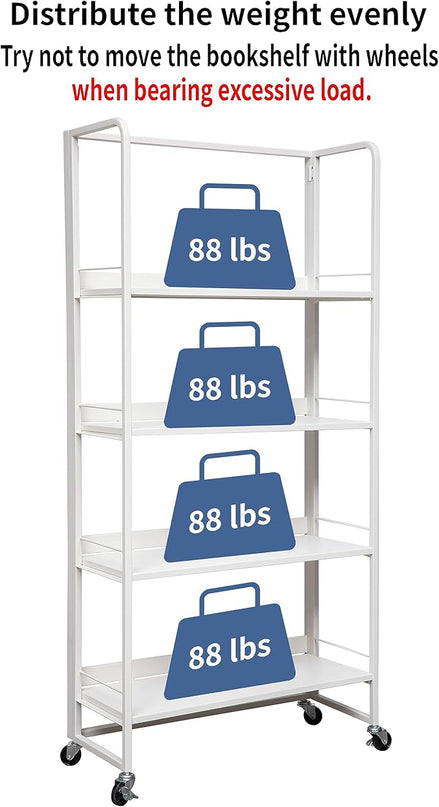 No-Assembly Folding Bookshelf Storage Rack Shelves with Castors 4 Tiers Vintage Bookcase Standing Racks Multifunctional Plant Flower Stand Study Organizer for Home Office (Metal,White) - LeafyLoom