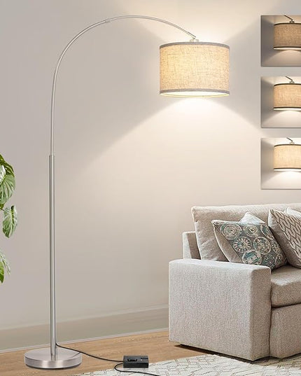 Floor Lamp for Living Room, Dimmable Arc Floor Lamp with Adjustable Head, Silver Finish Modern Floor Lamp, Over Couch Tall Standing Hanging Lights for Reading, Bedroom, Office, 9W 3000K Bulb Included - LeafyLoom