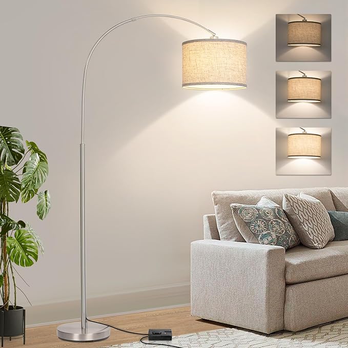 Floor Lamp for Living Room, Dimmable Arc Floor Lamp with Adjustable Head, Silver Finish Modern Floor Lamp, Over Couch Tall Standing Hanging Lights for Reading, Bedroom, Office, 9W 3000K Bulb Included - LeafyLoom