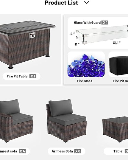 Kullavik 13 Pieces Outdoor Patio Furniture Set with 43" 55000BTU Gas Propane Fire Pit Table PE Wicker Rattan Sectional Sofa Patio Conversation Sets,Grey - LeafyLoom