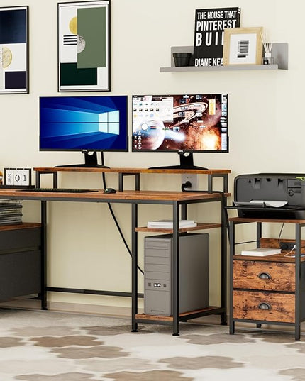 Furologee End Table with Charging Station, Nightstand with Fabric Drawers, Side Table with USB Ports & Outlets, Night Stand with Storage Shelf & Hooks, for Living Room/Bedroom, Rustic Brown - LeafyLoom