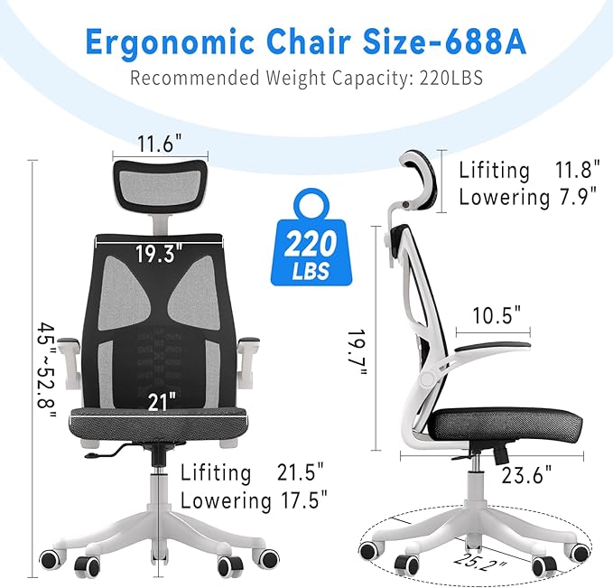 Ergonomic Office Chair, Computer Mesh Chair, Home Office Desk Chairs with Adjustable Headrest and Height, High Back Swivel Task Chair with Flip Up Armrest… - LeafyLoom